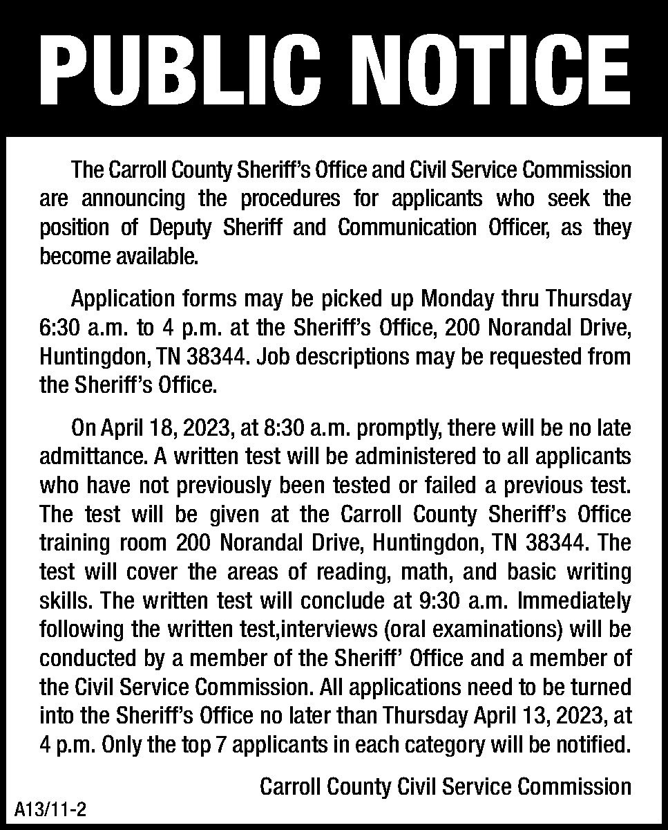 Public Notice Carroll County Sheriffs Office Hiring The Mckenzie Banner